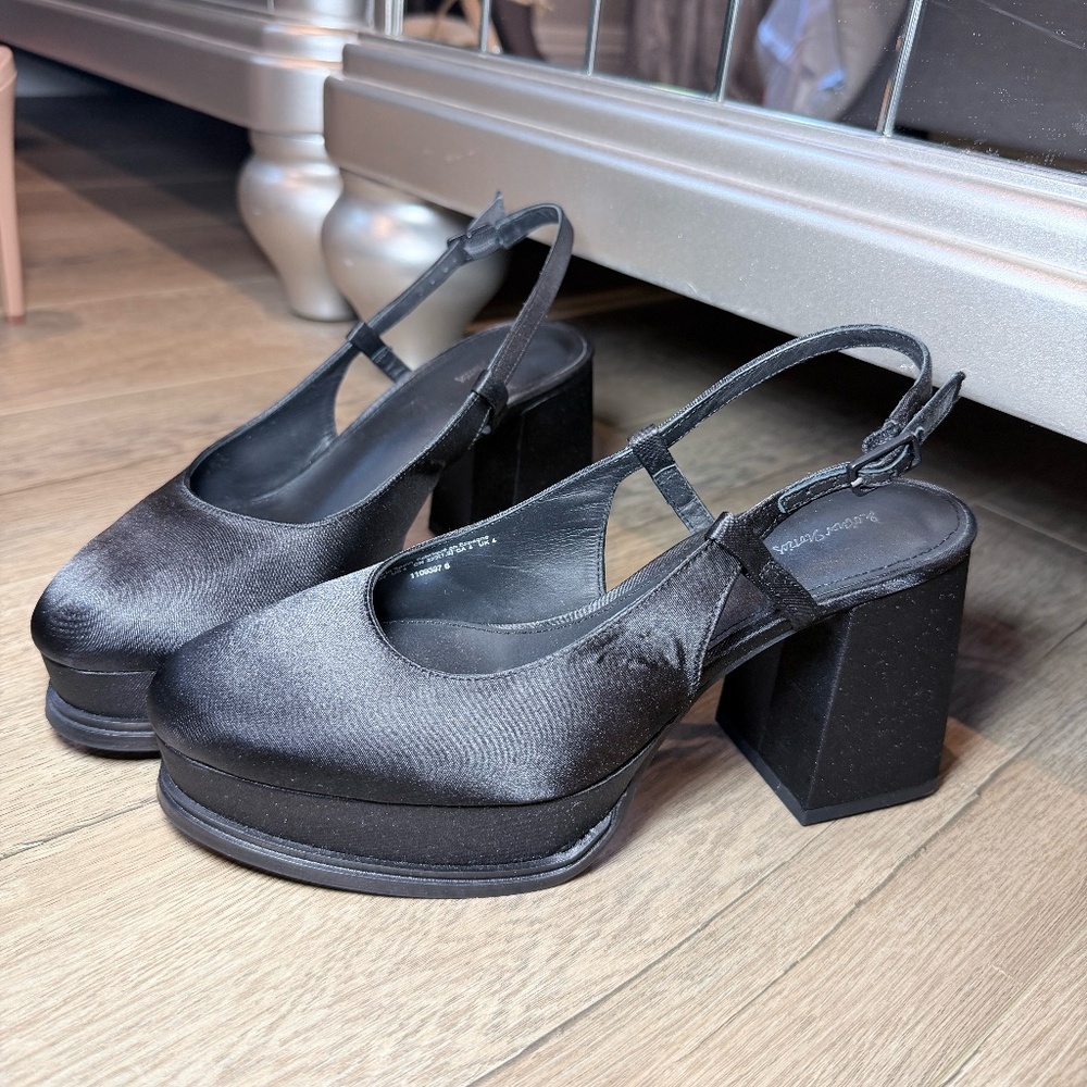 & Other Stories Black Satin Platform Block Heel Slingback Shoes – Size 37 (US 7)